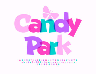 Vector artistic poster Candy Park with decorative Butterfly. Colorful creative Font. Playful set of Alphabet Letters and Numbers.