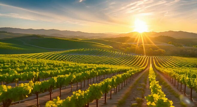 Vineyard at sunset overlooking green hills. The concept of harvest and winemaking.