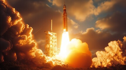 Dramatic rocket launch at sunset with vibrant clouds and fiery takeoff
