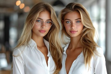 Two beautiful blonde girls in white shirt, hot professional teachers, secretaries, boss woman, very stylish and attractive