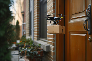 Fast air shipping, contactless and safe delivery. Drone flying through the air with a delivery box package