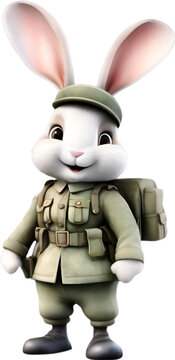 Watercolor of a cute cartoon rabbit in a soldier costume. 