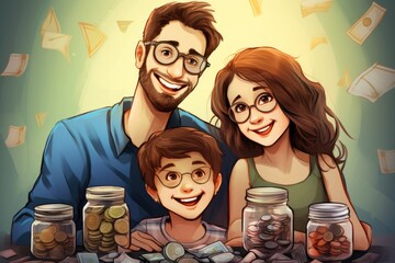 A man and a woman stand side by side in front of a collection of jars filled with various contents, Happy family saving money together, AI Generated