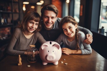 A man and two girls sitting together beside a piggy bank, in a casual setting, Happy family saving money together, AI Generated