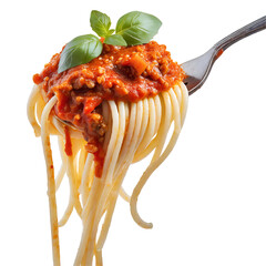 Spaghetti bolognese and basil on fork