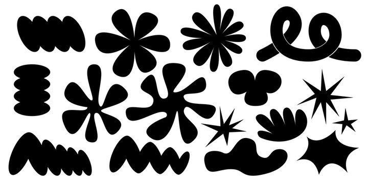 Naklejki Set of abstract retro y2k shapes. Vector sticker pack. Collection of contemporary forms, funny flower, bubble, star, loop in trendy 70s, 90s groovy cartoon style