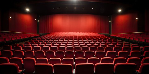 Fototapeta premium Rows of vibrant, empty red seats awaiting audience in the spacious cinema hall , concept of Crowdsourcing
