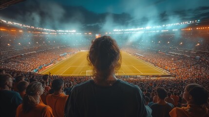 Spectator enjoying atmosphere at stadium during nighttime football match - obrazy, fototapety, plakaty