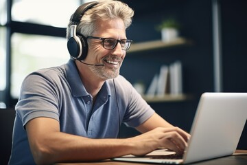 A man wearing headphones concentrates as he uses a laptop for listening and work, Happy mature businessman wearing headset discussing over laptop in office, AI Generated