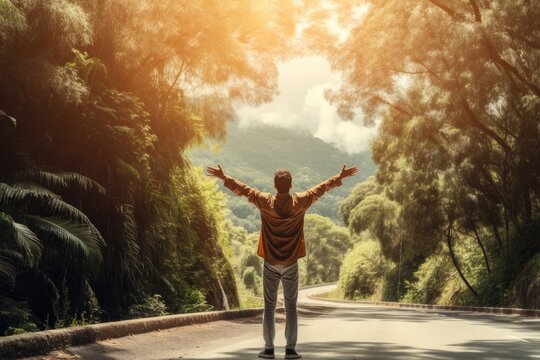 A man confidently stands in the middle of a road with his arms outstretched in a welcoming gesture, Happy man standing on road in front of trees, AI Generated