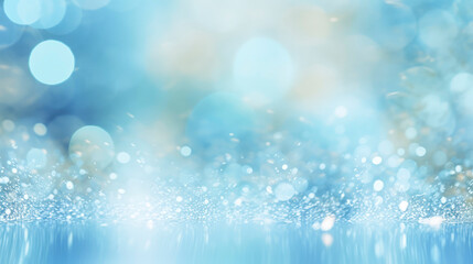 Obraz na płótnie Canvas Light blue background with bokeh and defocused sparkles falling down. Festive abstract banner with smokey blue backdrop and illuminated bokeh particles.
