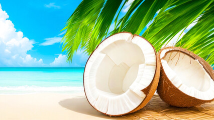 Coconut exotic nourishment on the beach with palm leaf in blue sky background. Creative healthy food concept, half of Coco nut, nature