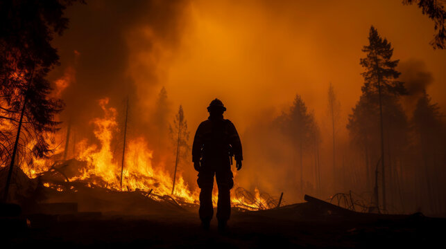 Silhouette of firefighter against background of burning forest. Large red fire and clouds of smoke from burning trees. Dangerous work. Concept of environmental protection. Copy space.