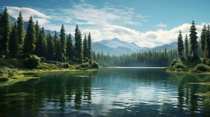 A tranquil lake reflecting the surrounding forest