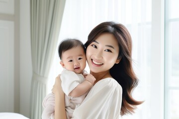 A tender moment captured as a woman lovingly holds her precious baby in her arms, happy smiling young asian mother with little baby at home, AI Generated