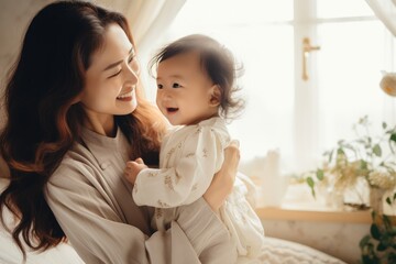 A mother lovingly embraces her newborn baby in a heartwarming moment of tenderness, happy smiling young asian mother with little baby at home, AI Generated