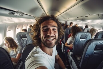 A man with a joyful expression sits comfortably in an airplane, relishing the experience, Happy tourist taking selfie inside airplane, AI Generated