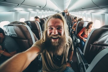 A man with long hair and a beard sitting comfortably on an airplane seat, Happy tourist taking selfie inside airplane, AI Generated - obrazy, fototapety, plakaty