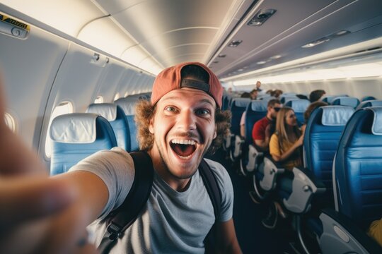 A man captures a memorable moment as he takes a selfie onboard an airplane, Happy tourist taking selfie inside airplane, AI Generated