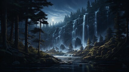 A nocturnal view of a waterfall amidst a forest, showcasing the ethereal beauty of a nighttime cascade illuminated by moonlight. - Generative AI