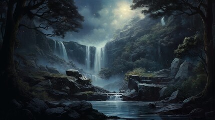 A nocturnal view of a waterfall amidst a forest, showcasing the ethereal beauty of a nighttime cascade illuminated by moonlight. - Generative AI