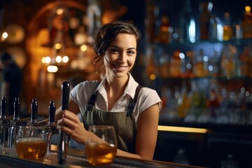 A woman happily stands behind a bar, with glasses of beer lined up in front of her, happy young female barkeeper pouring beer into glass while working in bar looking at camera, AI Generated