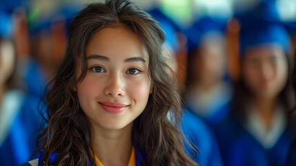Obraz premium Confident young woman in graduation gown smiling proudly during ceremony