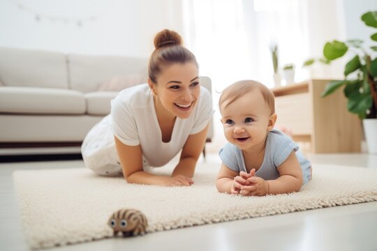 A woman and her baby peacefully lay on the floor, enjoying a special moment together, Happy young mother watching her cute baby crawl on floor at home, AI Generated