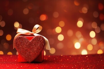 A heart shaped box with a festive bow on top, perfect for romantic Valentines Day gift giving,...