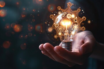 A close-up of a person hand holding a lightbulb, with visible gears and mechanisms inside Hand holding light bulb and business digital marketing innovation technology - obrazy, fototapety, plakaty