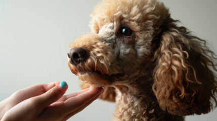 Human hand is holding a pill towards a brown curly-haired poodle