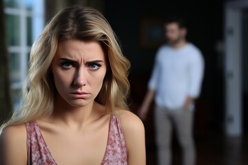 Fototapeta premium Sad woman with man in background. Relationship struggles and emotional distress concept