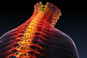 This image shows an x-ray view of the back of a persons neck, Human spine visualising pain with red...