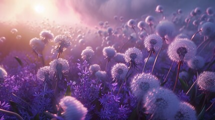 Fields of dandelions adorn the landscape with soft, delicate tones. Dandelions in small spheres of feathers like ethereal jewels in the wind. - obrazy, fototapety, plakaty