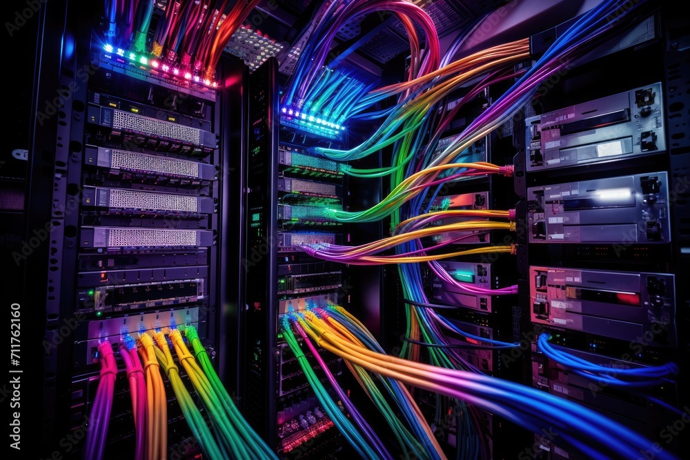 Poster inside view of server with an abundance of wires and connections, internet cables and wires in serve