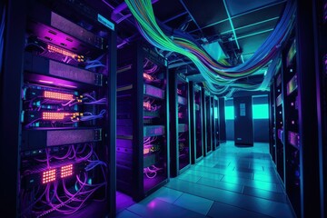 Fototapeta premium Large Room Filled With Purple and Green Wires, Order Amidst Chaos, Internet cables and wires in server room with switch in company on the development of a quantum computer, AI Generated