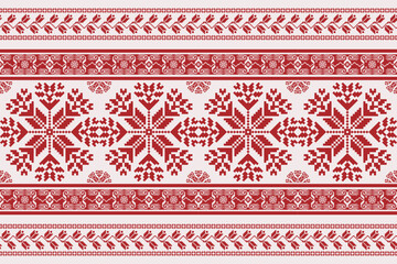 Folk embroidery cross stitch floral border pattern. Vector ethnic red-white geometric floral seamless pattern. Folk floral embroidery pattern use for textile, home decoration elements, upholstery, etc