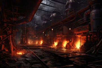 A gigantic factory is filled with raging fire and billowing smoke, creating a hazardous and chaotic environment, Iron and Steel making Factory, AI Generated