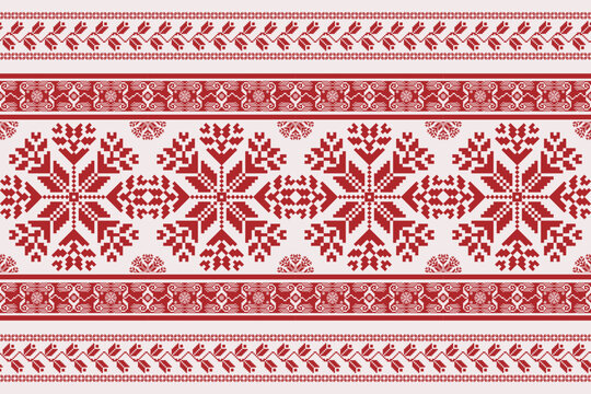 Folk embroidery cross stitch floral border pattern. Vector ethnic red-white geometric floral seamless pattern. Folk floral embroidery pattern use for textile, home decoration elements, upholstery, etc