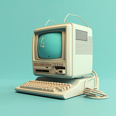 Retro computer on light blue background 