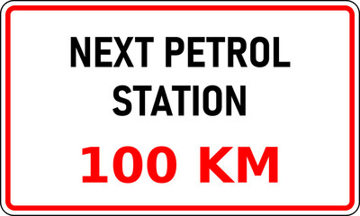 Transparent PNG of road sign showing the next internal combustion (ice) fuel station is 100 kilometers away. This information would be useful in reducing range anxiety