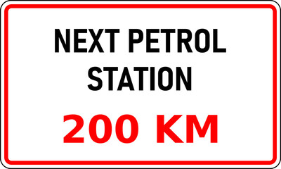 Transparent PNG of road sign showing the next internal combustion (ice) fuel station is 200 kilometers away. This information would be useful in reducing range anxiety