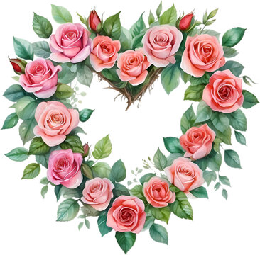 Watercolor painting of heart-shaped rose wreath.