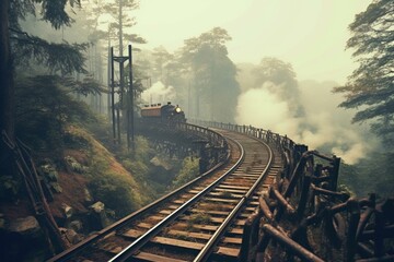 Railway amid wooded area, hazy backdrop. Generative AI