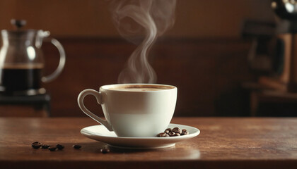 Obraz premium Cup of coffee on a wooden table generated by AI