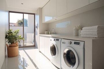 A laundry room featuring a washer and dryer for convenient and efficient garment cleaning, laundry area home interior design clean and clear empty space, AI Generated