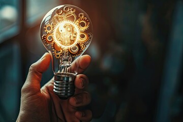 A close-up of a person hand holding a lightbulb, with visible gears and mechanisms inside Hand holding light bulb and business digital marketing innovation technology