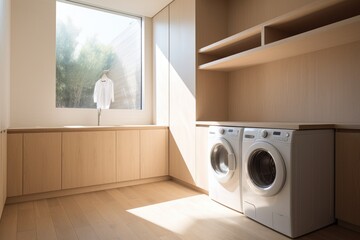 A well-equipped laundry room featuring a modern washer and dryer, providing an efficient solution for cleaning clothes, laundry area home interior design clean and clear empty space, AI Generated