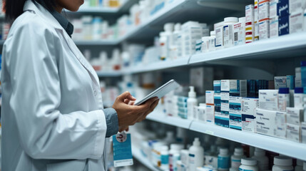 Female pharmacist or healthcare professional taking inventory or reviewing a clipboard in a pharmacy with shelves stocked with various medications. - Powered by Adobe