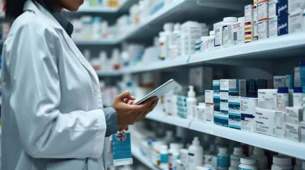  Female pharmacist or healthcare professional taking inventory or reviewing a clipboard in a pharmacy with shelves stocked with various medications. © MP Studio
